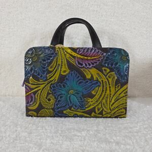 Blue Floral Embossed & Hand Painted Mexican Brown Vegan Leather Handbag